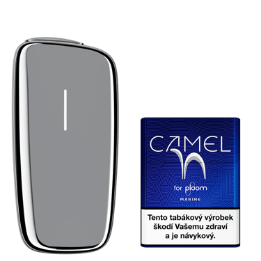 Stříbrný zahřívač tabáku Ploom X Advanced a krabička Camel náplní Marine