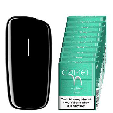 Černý zahřívač tabáku Ploom X a karton Camel náplní Green