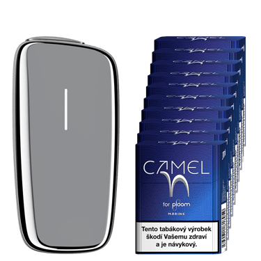 Stříbrný zahřívač tabáku Ploom X Advanced a karton Camel náplní Marine
