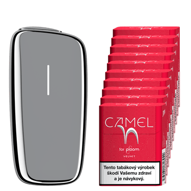 Stříbrný zahřívač tabáku Ploom X Advanced a karton Camel náplní Velvet