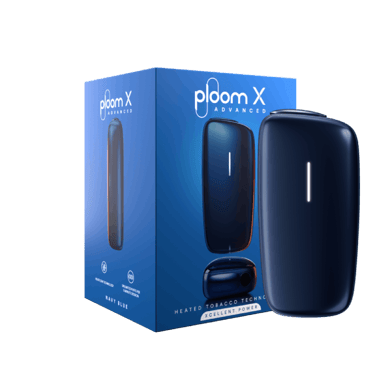 Modrý Ploom X Advanced navy blue v balení - pohled z levé a přední strany
