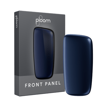 Ploom X modrý přední panel v barvě navy blue a jeho balení - pohled zepředu