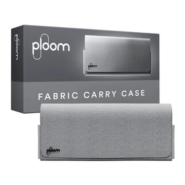 Ploom X šedé textilní přenosné pouzdro grey a jeho balení - pohled z přední strany