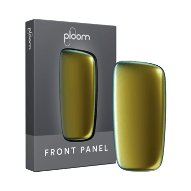 Ploom X přední panel v barvě Lime Halo a jeho balení - pohled zepředu