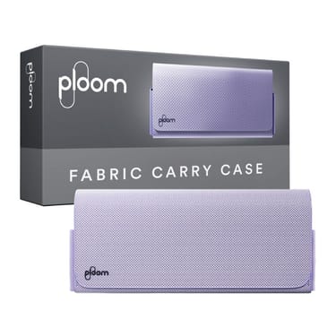 Ploom X fialové textilní přenosné pouzdro Lavender zavřené a jeho balení - pohled z přední strany