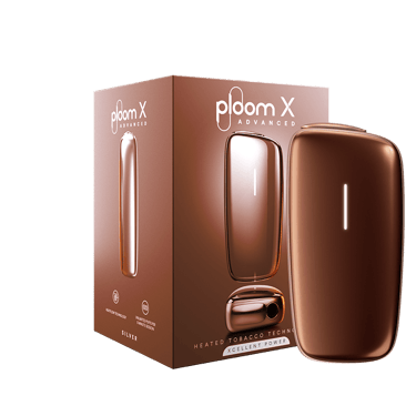 Bronzový Ploom X Advanced Bronze Glaze v balení - pohled z levé a přední strany