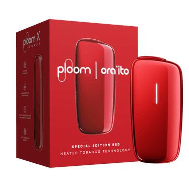 Červený Ploom X Advanced Special Edition Red by Ora ïto v balení - pohled z levé a přední strany