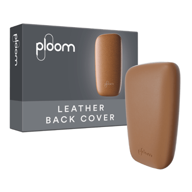 Ploom X hnědý kožený zadní panel brown a jeho balení - pohled zepředu