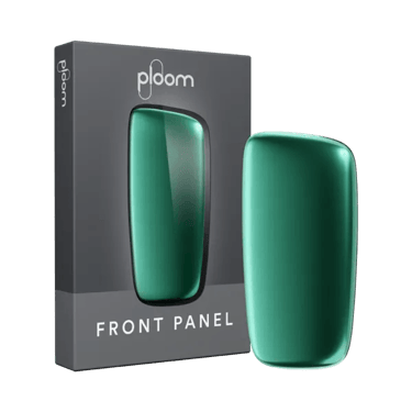 Ploom X zelený přední panel v barvě amazon green a jeho balení - pohled zepředu