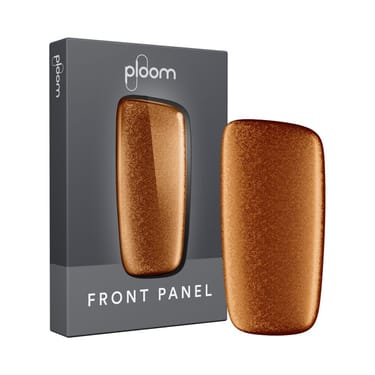 Ploom X přední panel v barvě Nutshell Shimmer a jeho balení - pohled zepředu