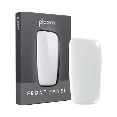 Ploom X přední panel v barvě cotton white a jeho balení - pohled zepředu