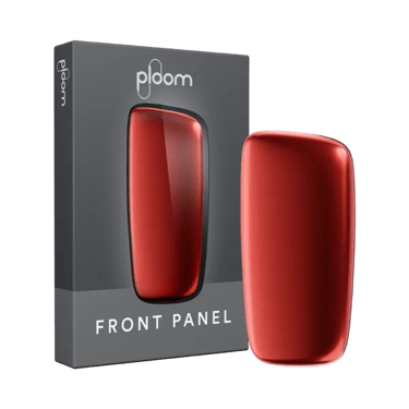 Ploom X červený přední panel v barvě lava red a jeho balení - pohled zepředu