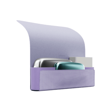 Ploom X fialové textilní přenosné pouzdro lavender otevřené na zařízení a náplně
