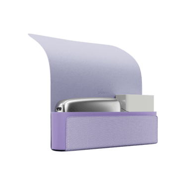 Ploom X fialové textilní přenosné pouzdro lavender otevřené se zařízeními a náplněmi