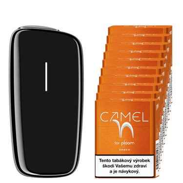 Černý zahřívač tabáku Ploom X Advanced a karton Camel náplní Amber