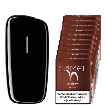 Černý zahřívač tabáku Ploom X Advanced a karton Camel náplní Bronze