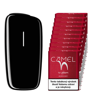 Černý zahřívač tabáku Ploom X Advanced a karton Camel náplní Burgundy