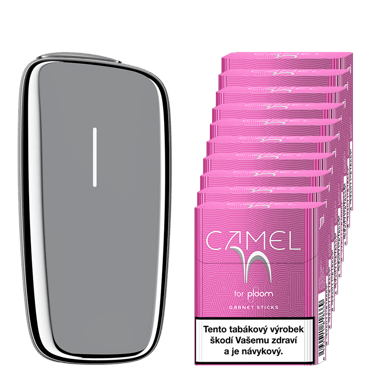 Stříbrný zahřívač tabáku Ploom X Advanced a karton Camel náplní Garnet