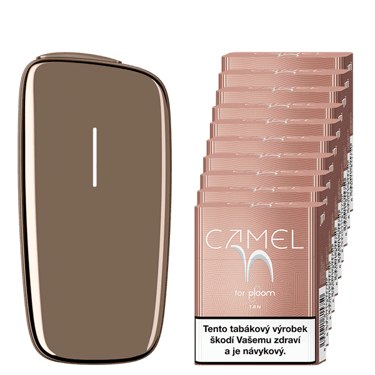 Zlatý zahřívač tabáku Ploom X Advanced a karton Camel náplní Tan