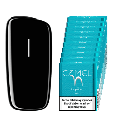 Černý zahřívač tabáku Ploom X Advanced a karton Camel náplní Teal