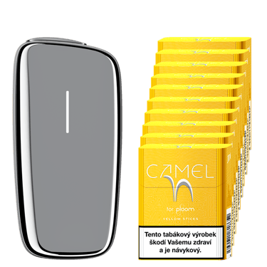 Stříbrný zahřívač tabáku Ploom X Advanced a karton Camel náplní Yellow
