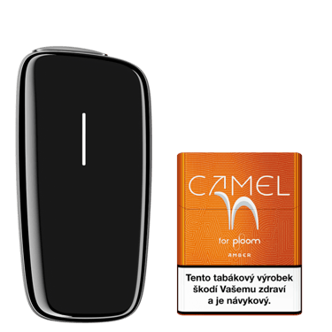 Černý zahřívač tabáku Ploom X Advanced a krabička Camel náplní Amber