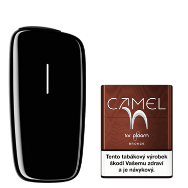 Černý zahřívač tabáku Ploom X Advanced a krabička Camel náplní Bronze
