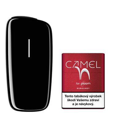 Černý zahřívač tabáku Ploom X Advanced a krabička Camel náplní Burgundy