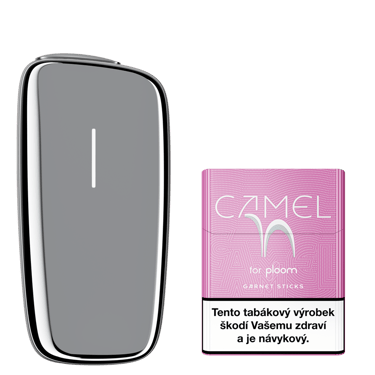 Stříbrný zahřívač tabáku Ploom X Advanced a krabička Camel náplní Garnet