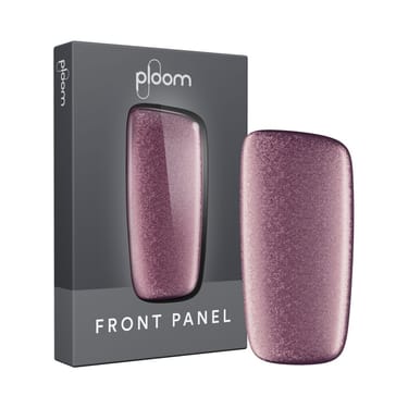 Ploom X růžový přední panel v barvě Rose Shimmer a jeho balení - pohled zepředu