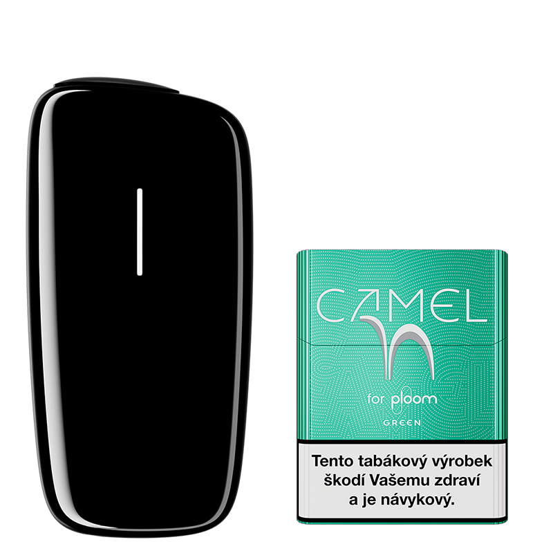 Černý zahřívač tabáku Ploom X a krabička Camel náplní Green