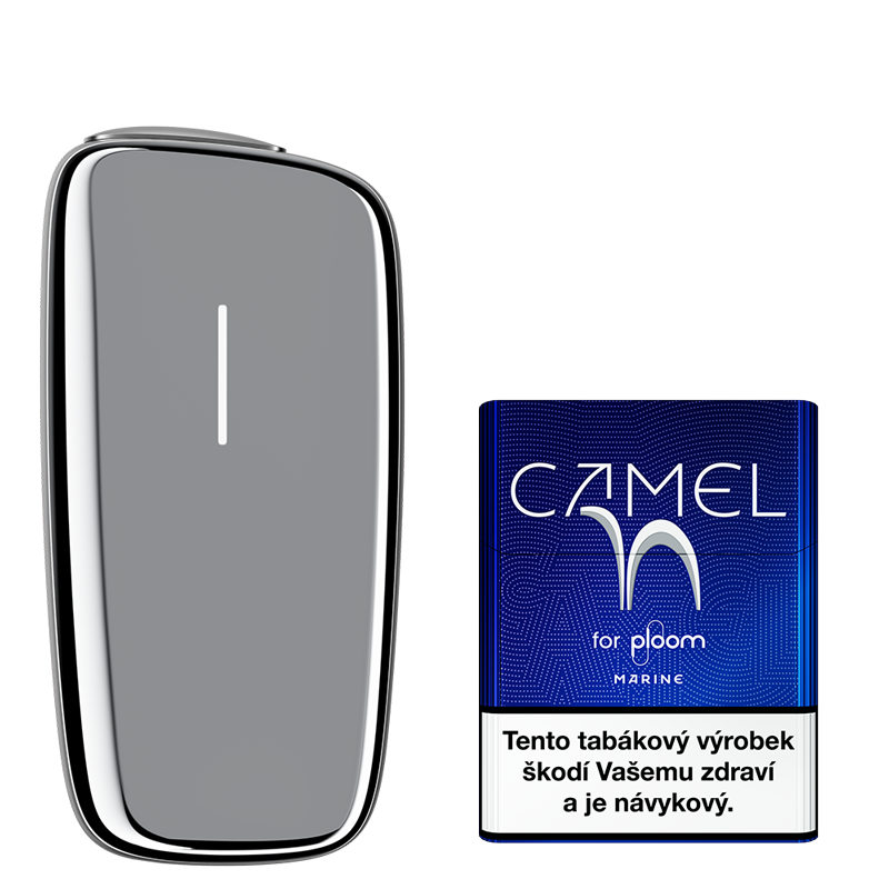 Stříbrný zahřívač tabáku Ploom X Advanced a krabička Camel náplní Marine
