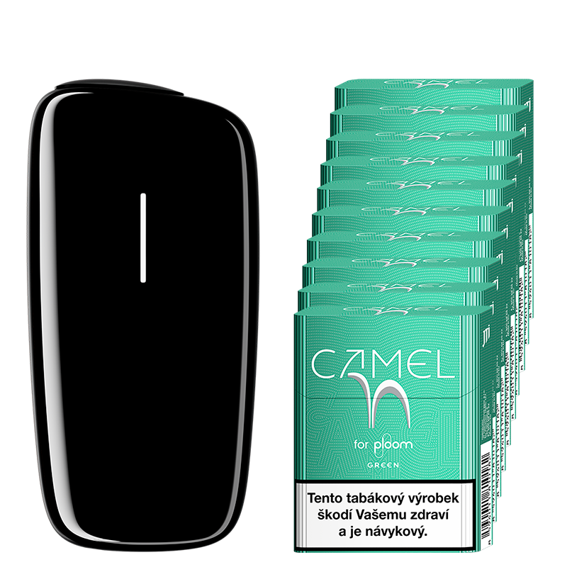 Černý zahřívač tabáku Ploom X a karton Camel náplní Green