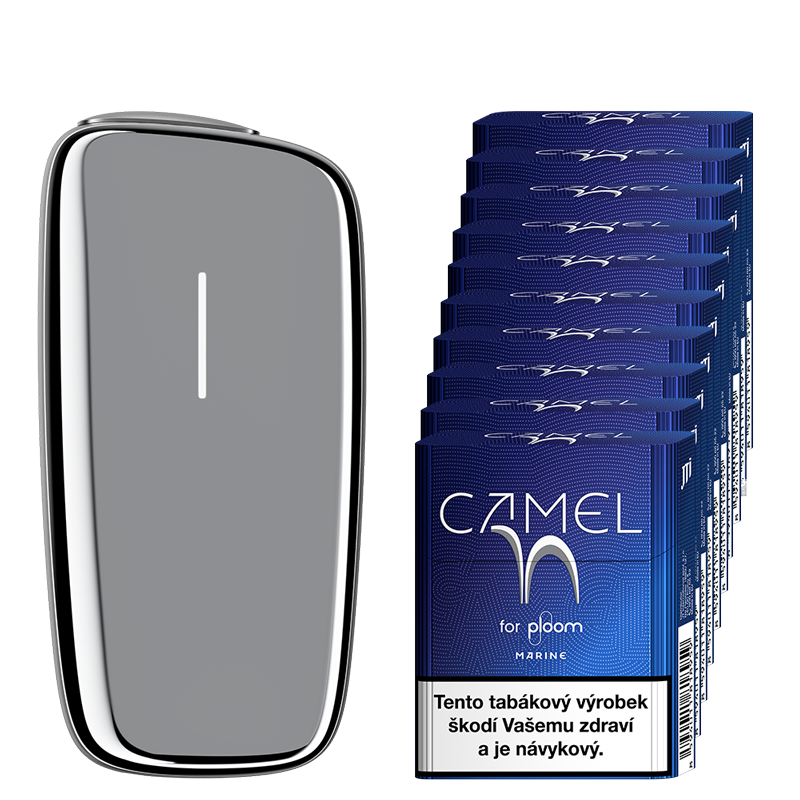 Stříbrný zahřívač tabáku Ploom X Advanced a karton Camel náplní Marine