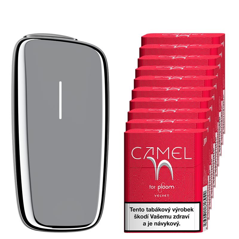 Stříbrný zahřívač tabáku Ploom X Advanced a karton Camel náplní Velvet
