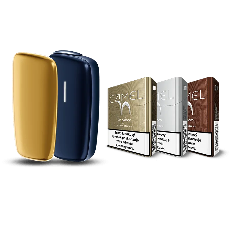 Startovací sada Ploom X Advanced - Navy Blue zařízení a Camel krabičky náplní Gold, Silver a Burgundy a Mango Sorbet přední panel