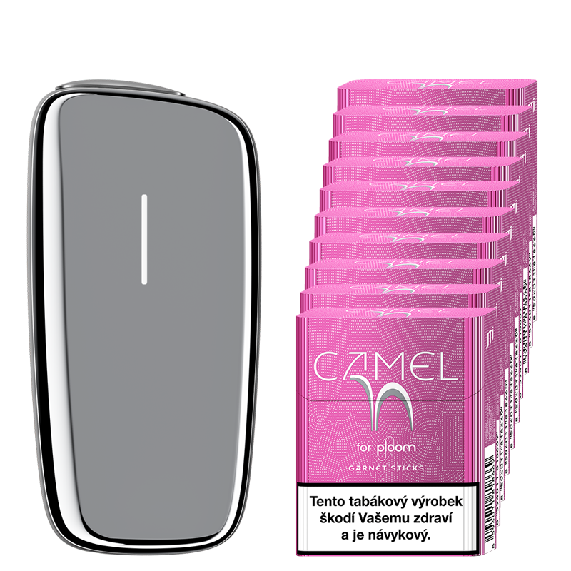 Stříbrný zahřívač tabáku Ploom X Advanced a karton Camel náplní Garnet
