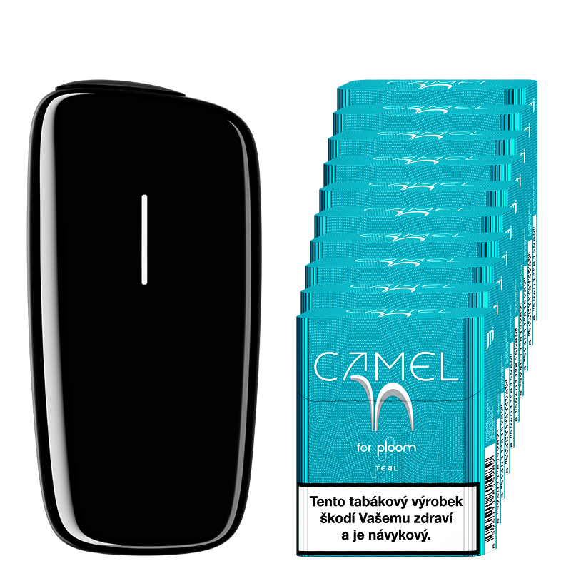 Černý zahřívač tabáku Ploom X Advanced a karton Camel náplní Teal